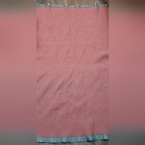 Antique Wool Blanket Double Sided Pink and Green Pink Satin Trim Vibrant 50 x 74